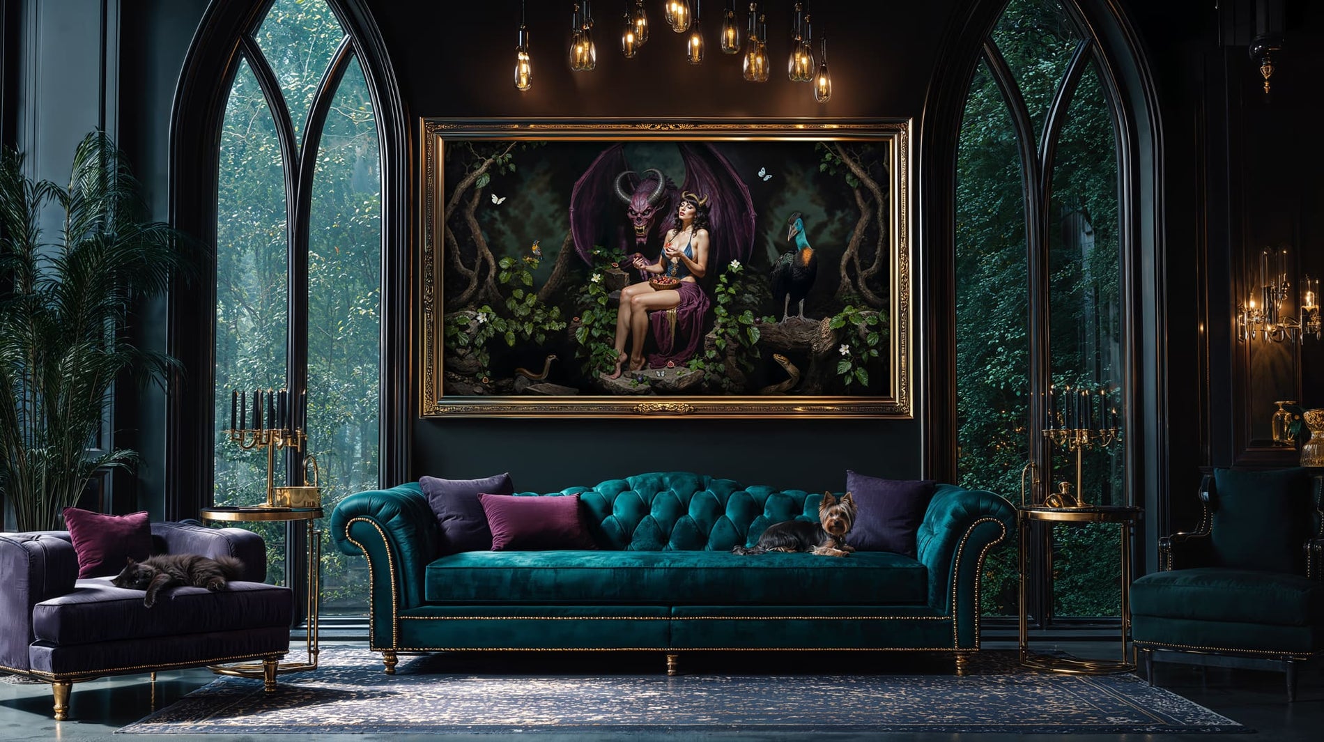 Fruit of the Forsaken showing Persephone with sacred fig confronting winged Chronos in dreamscape, digital artwork