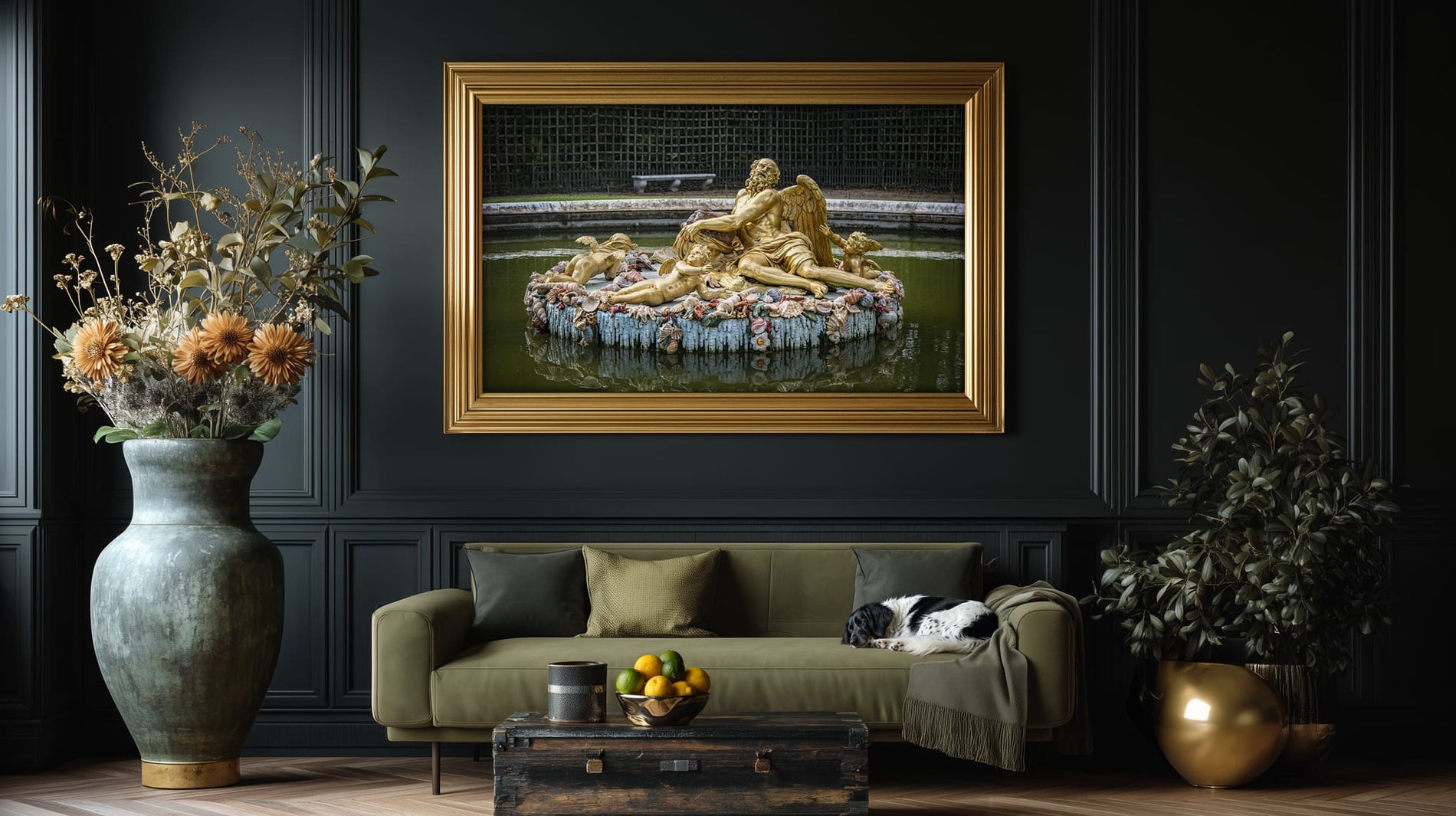 Saturn Fountain at Versailles showing the god of Time in repose, Baroque gilt bronze sculpture, photography