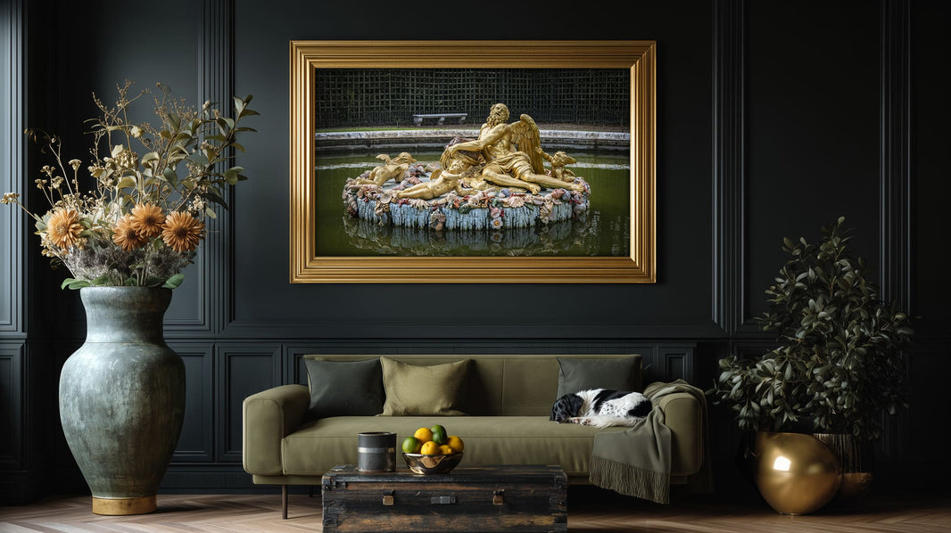 Saturn Fountain at Versailles showing the god of Time in repose, Baroque gilt bronze sculpture, photography