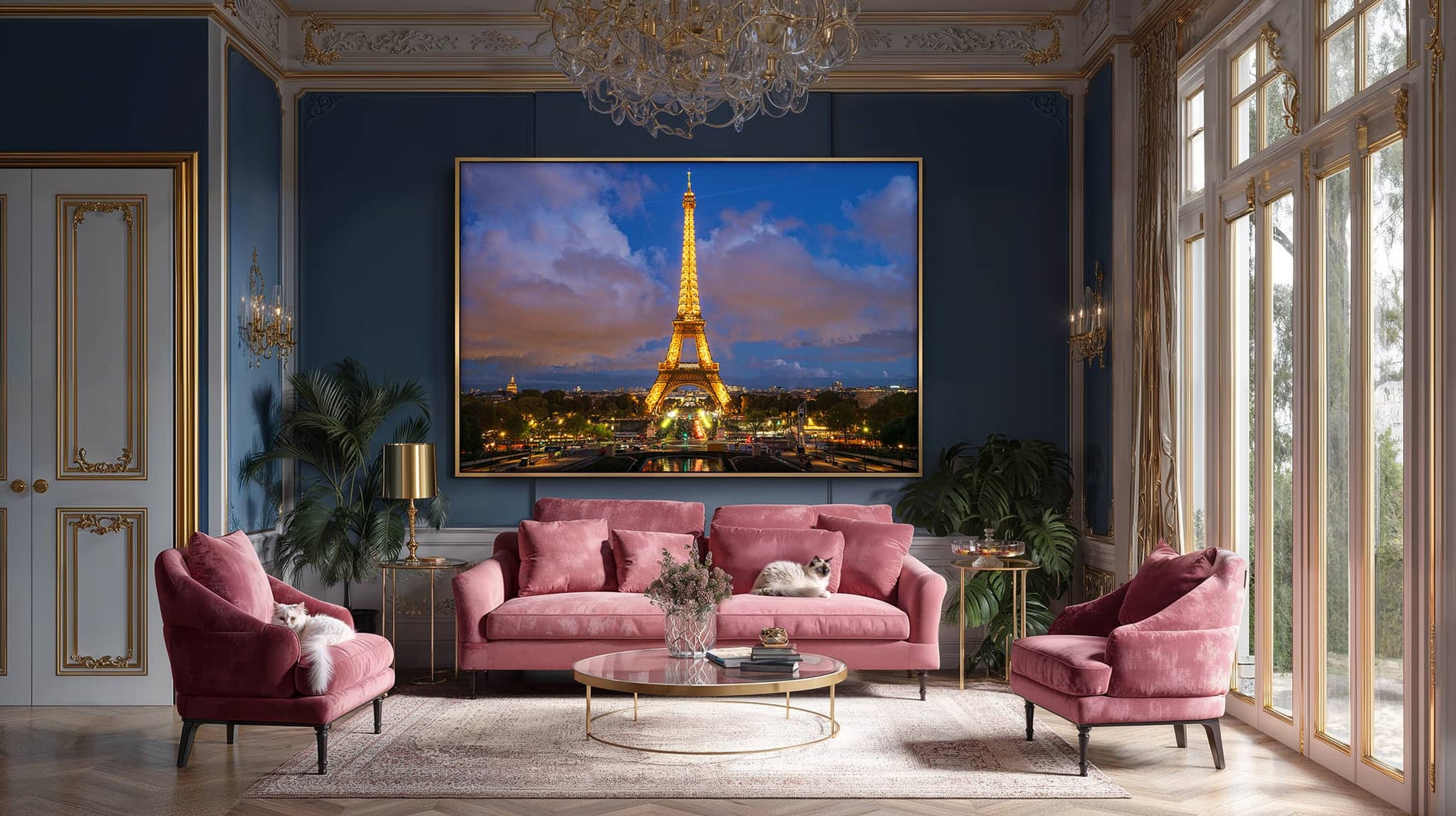 Eiffel Tower illuminated against deep blue twilight sky over Paris, night photography