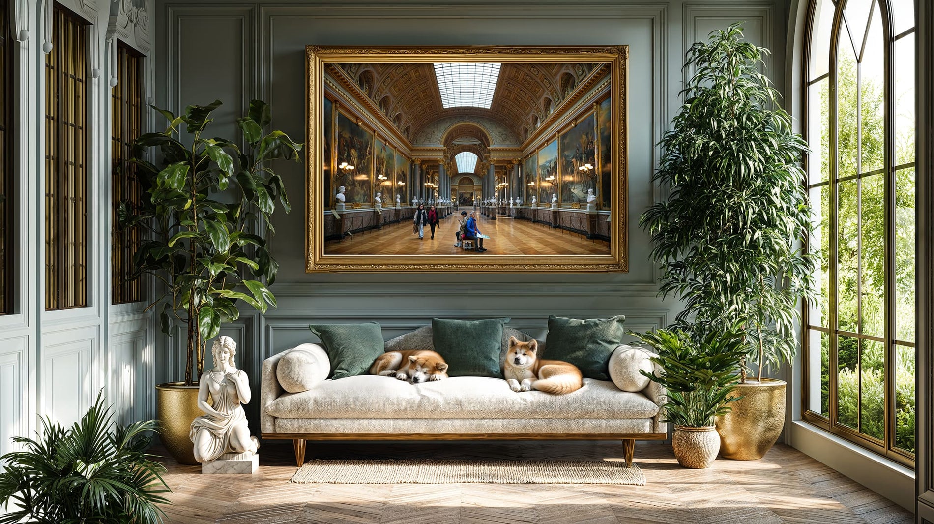 Gallery of Great Battles at Versailles showing vaulted ceiling with skylights, monumental battle paintings, classical statues, and visitors in grand corridor, architectural photography