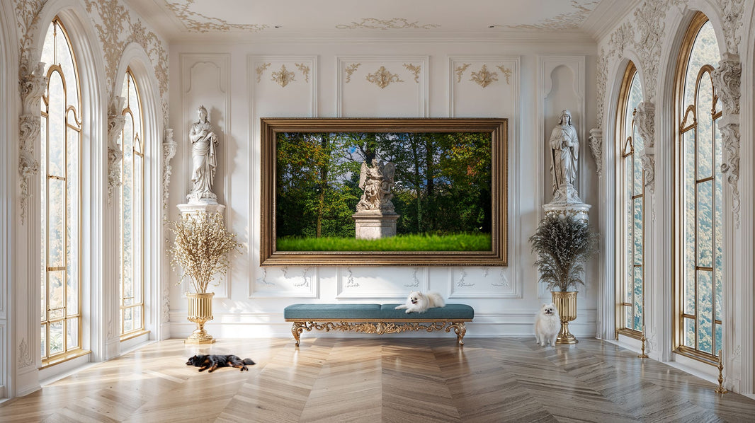 Marble sculpture group at Versailles showing winged figure of Fame standing above defeated Envy, set against verdant garden backdrop, nature photography 