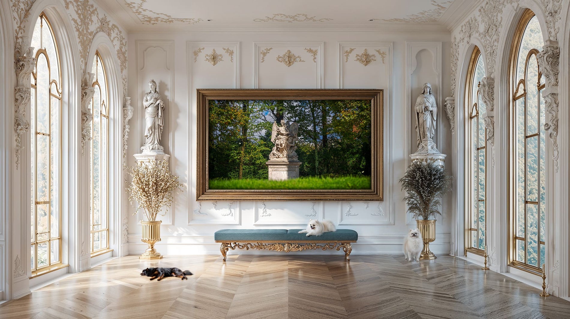 Marble sculpture group at Versailles showing winged figure of Fame standing above defeated Envy, set against verdant garden backdrop, nature photography 