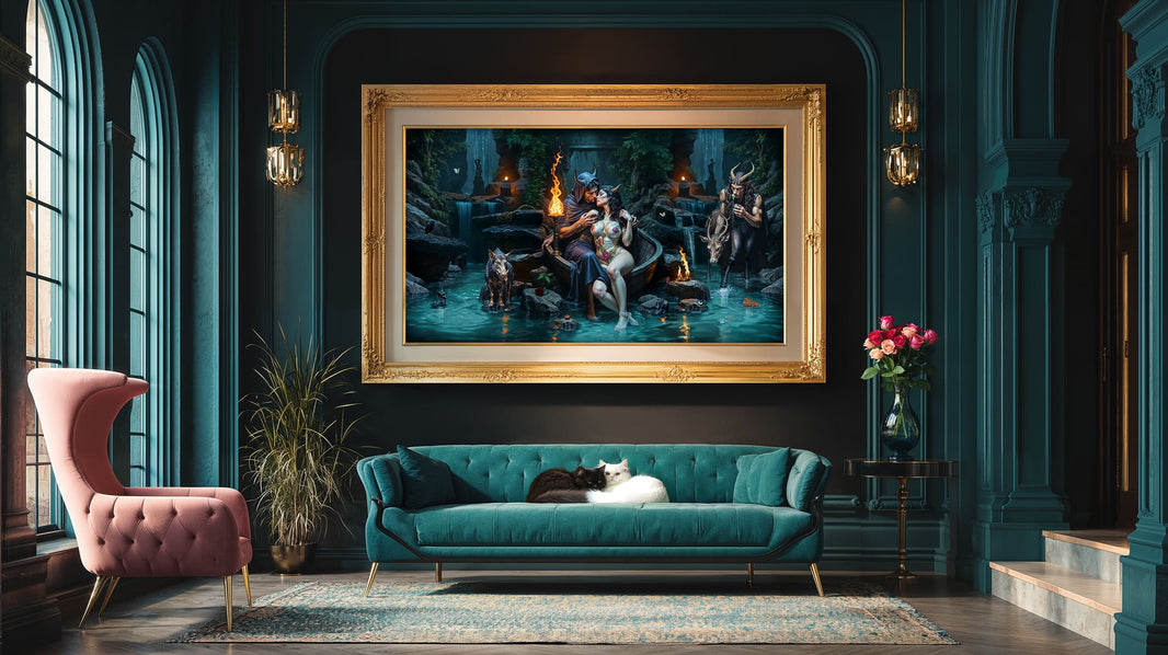 Love's Last Kiss showing Persephone and Adonis embracing on vessel in Underworld waters with Pan watching, digital artwork