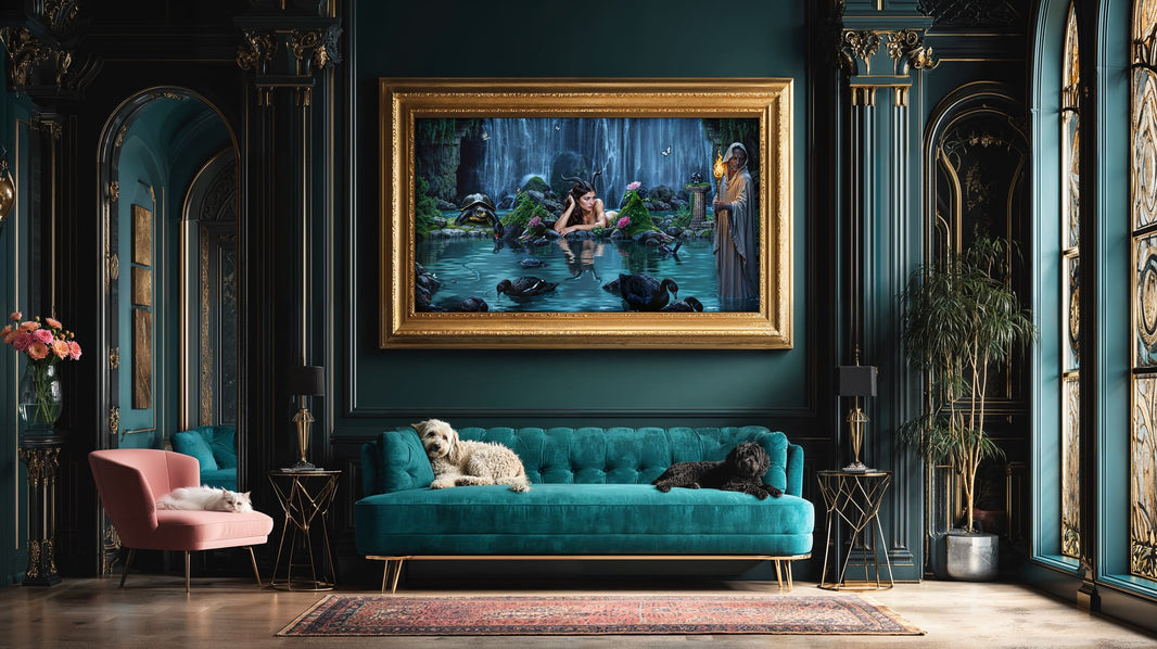 Reflection Pools of Necromanteion showing Persephone with black swans and waterfall in sacred liminal space, digital artwork