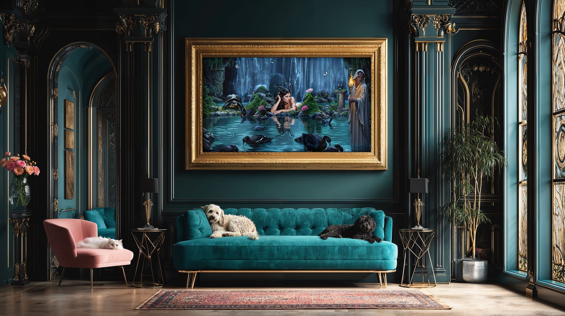 Reflection Pools of Necromanteion showing Persephone with black swans and waterfall in sacred liminal space, digital artwork