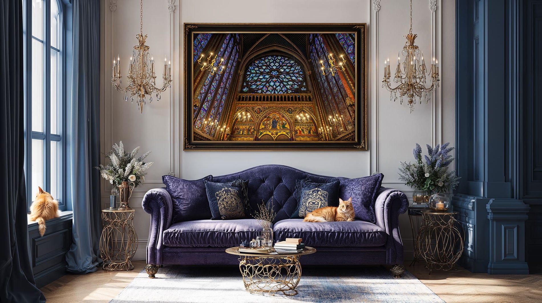 Sainte-Chapelle rose window depicting Book of Revelation in vibrant stained glass, Gothic architecture photography, Paris