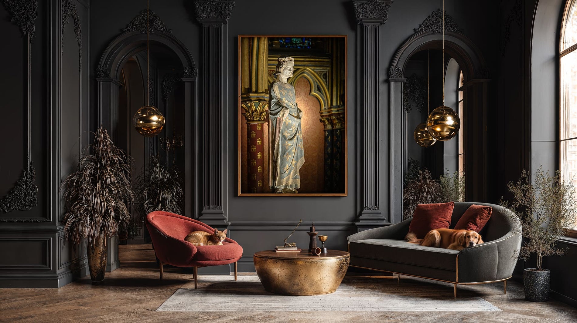 Saint Louis statue at Sainte-Chapelle bathed in stained glass light, Gothic interior photography
