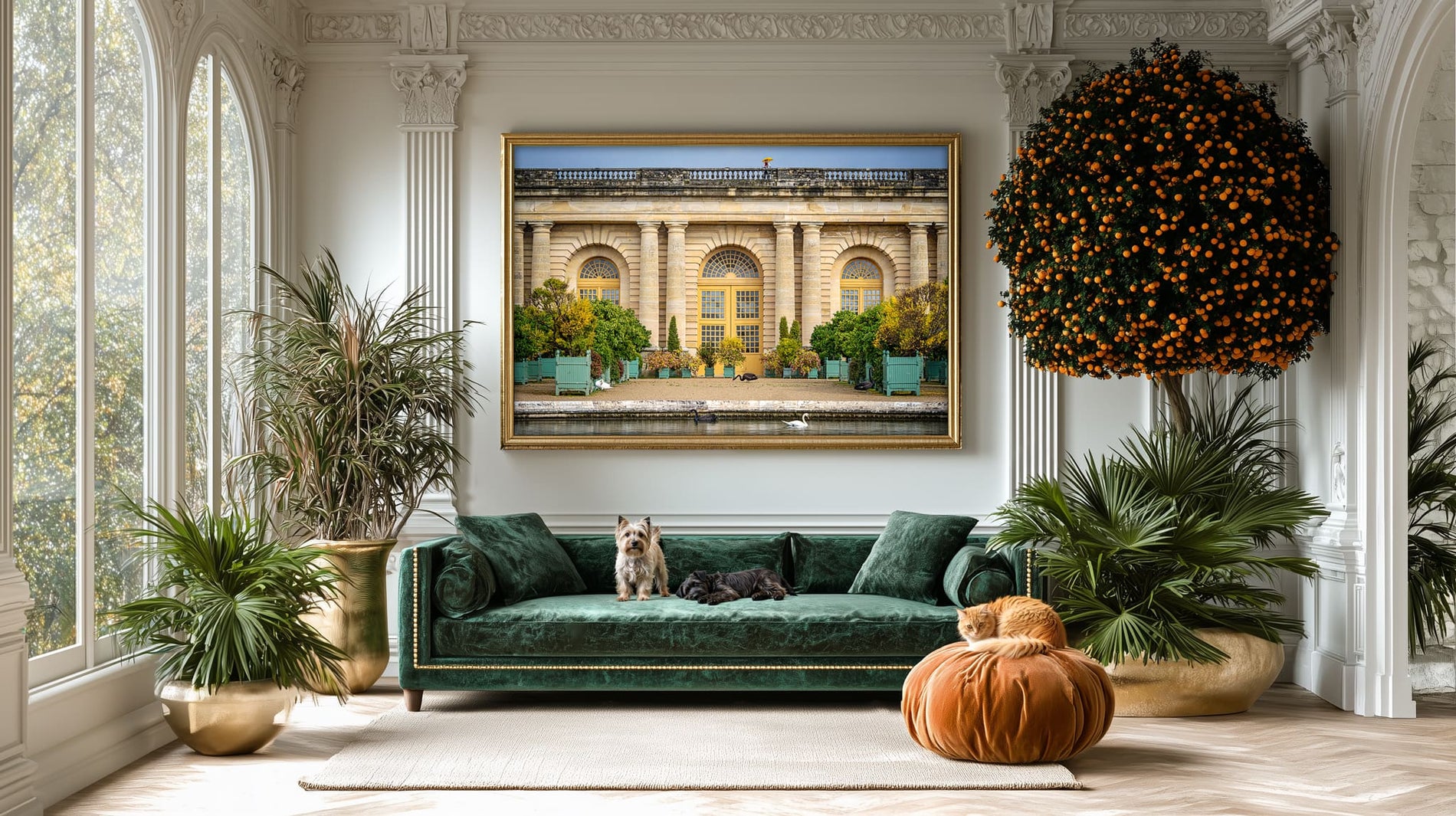 Versailles Orangerie facade with turquoise planters and citrus trees on terrace, Baroque architecture photography