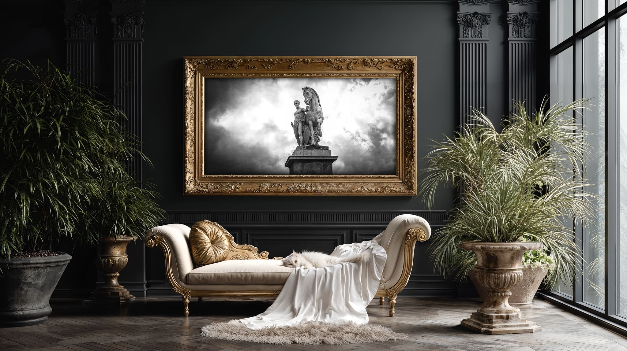 Decorative interior with a framed Marly Horses Monochrome picture against a dark wall.