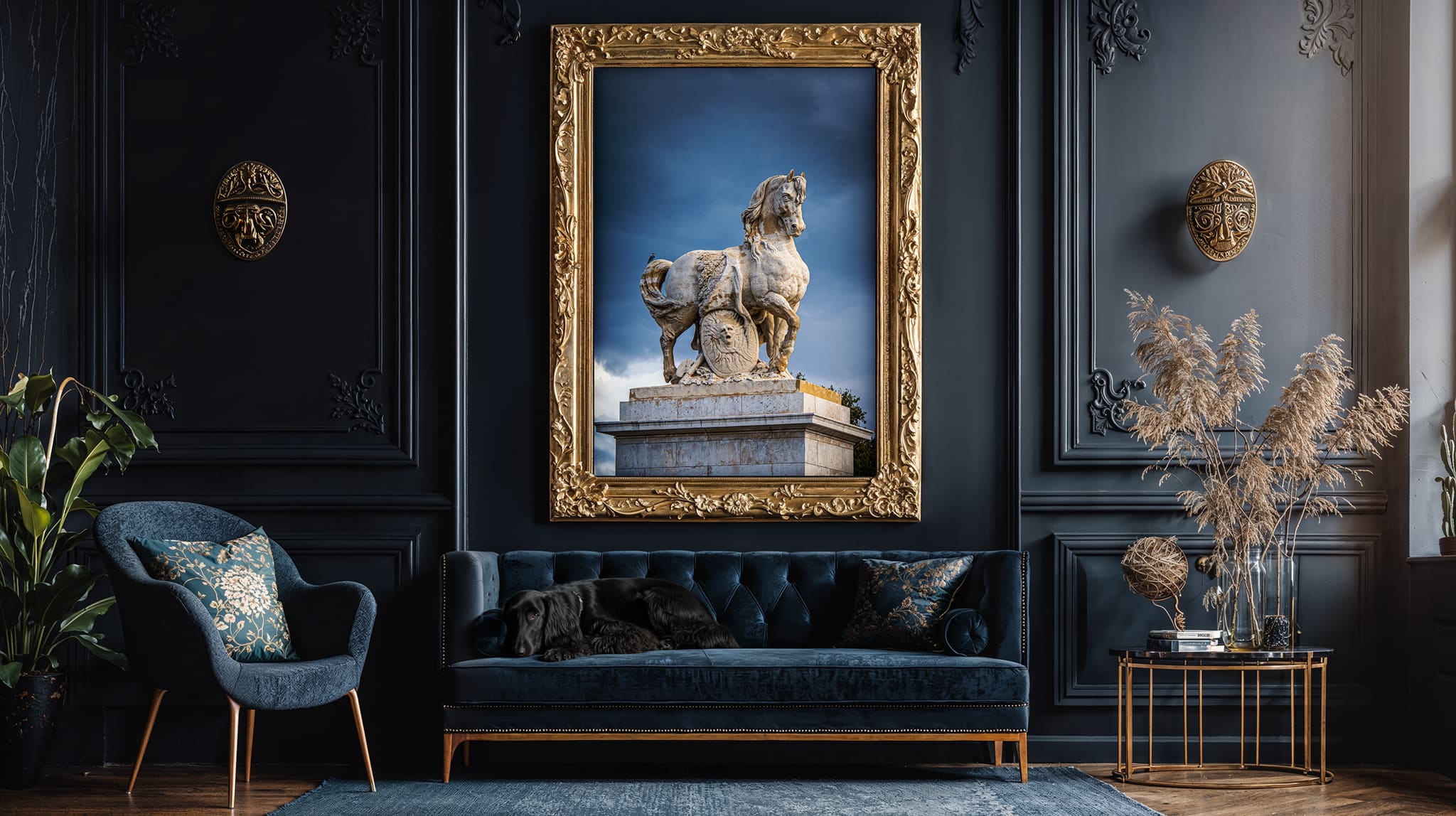 Luxurious living room with a blue sofa, decorative chair, and framed picture of the Marly Horses on a dark wall.