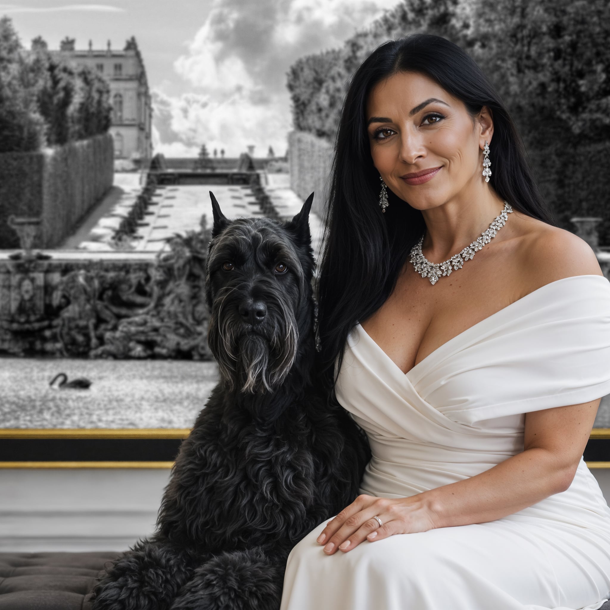 Woman in a white dress sitting with a large black dog in an elegant gallery setting, featuring Le Bassin de Neptune.