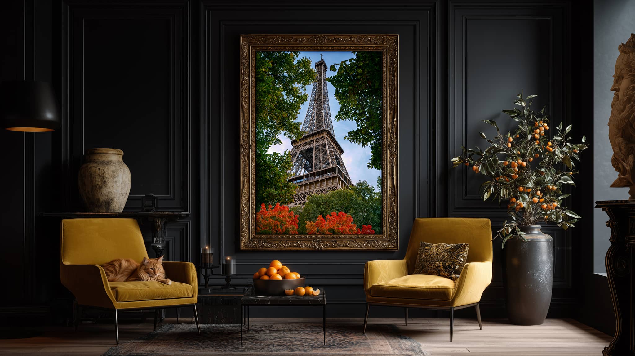 Living room with dark walls, yellow chairs, and a large framed picture of the Eiffel Tower in autumn.