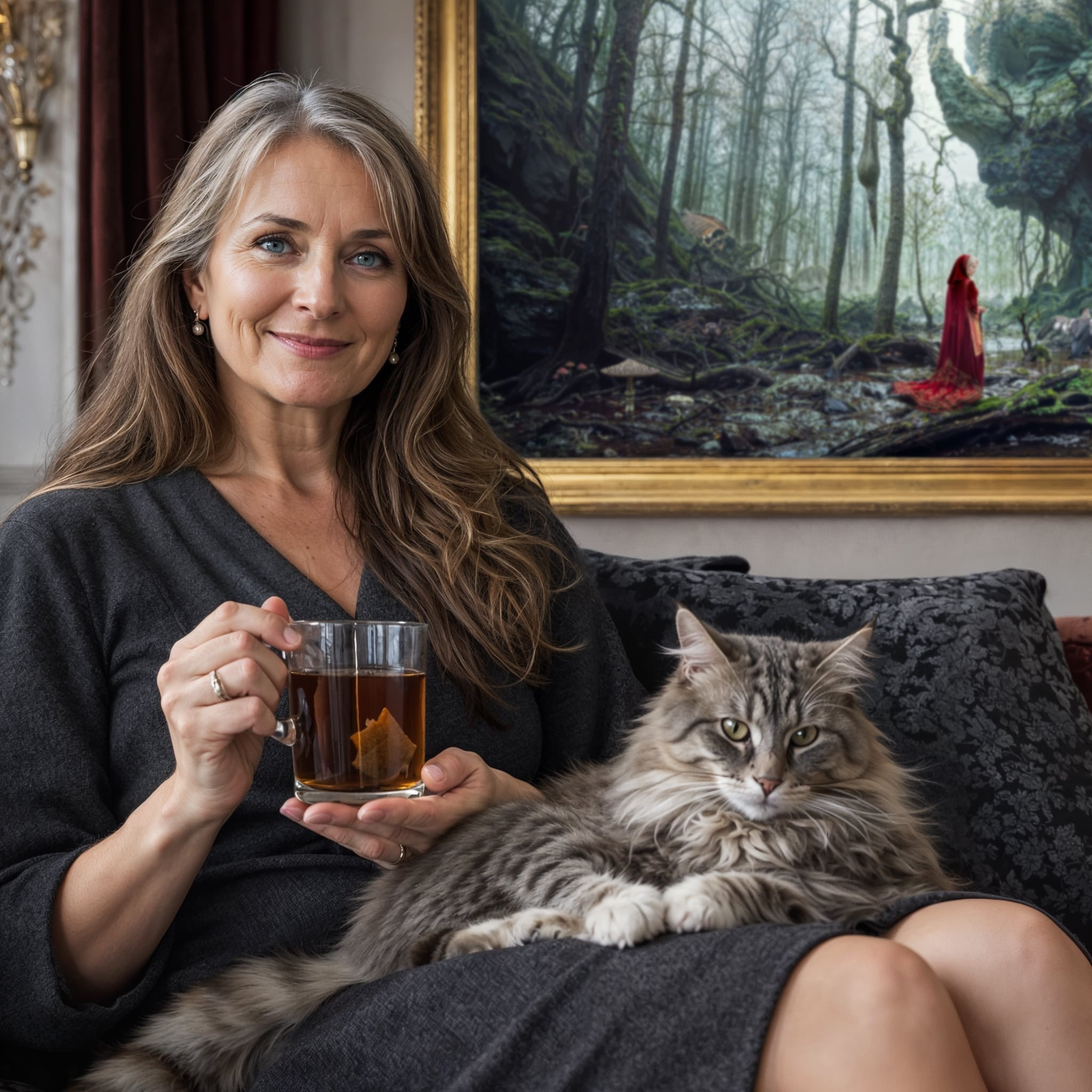 Woman holding a mug of tea with a cat on her lap, in a room with Bog of Regret in the background.