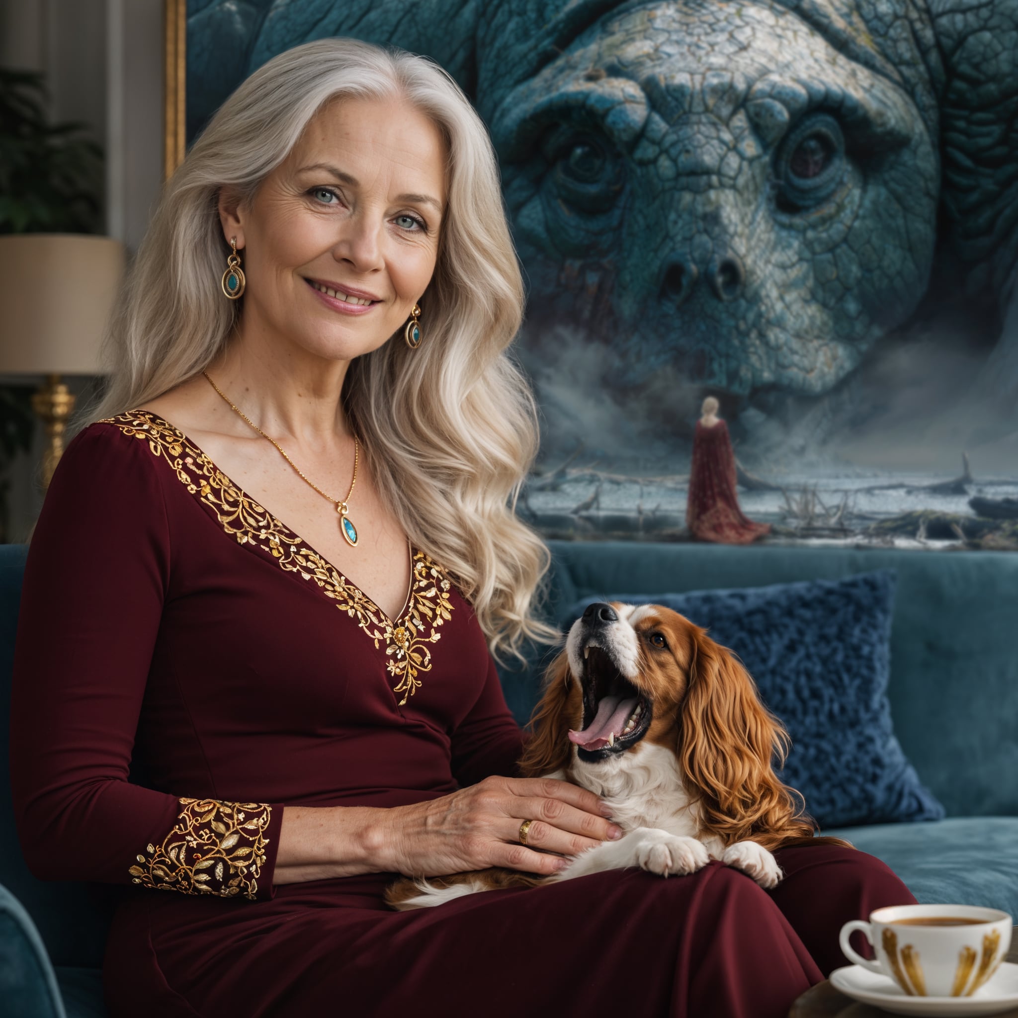 Woman in a burgundy dress with gold accents sitting on a couch with a dog, featuring artwork Burden of Sorrow | 2026.