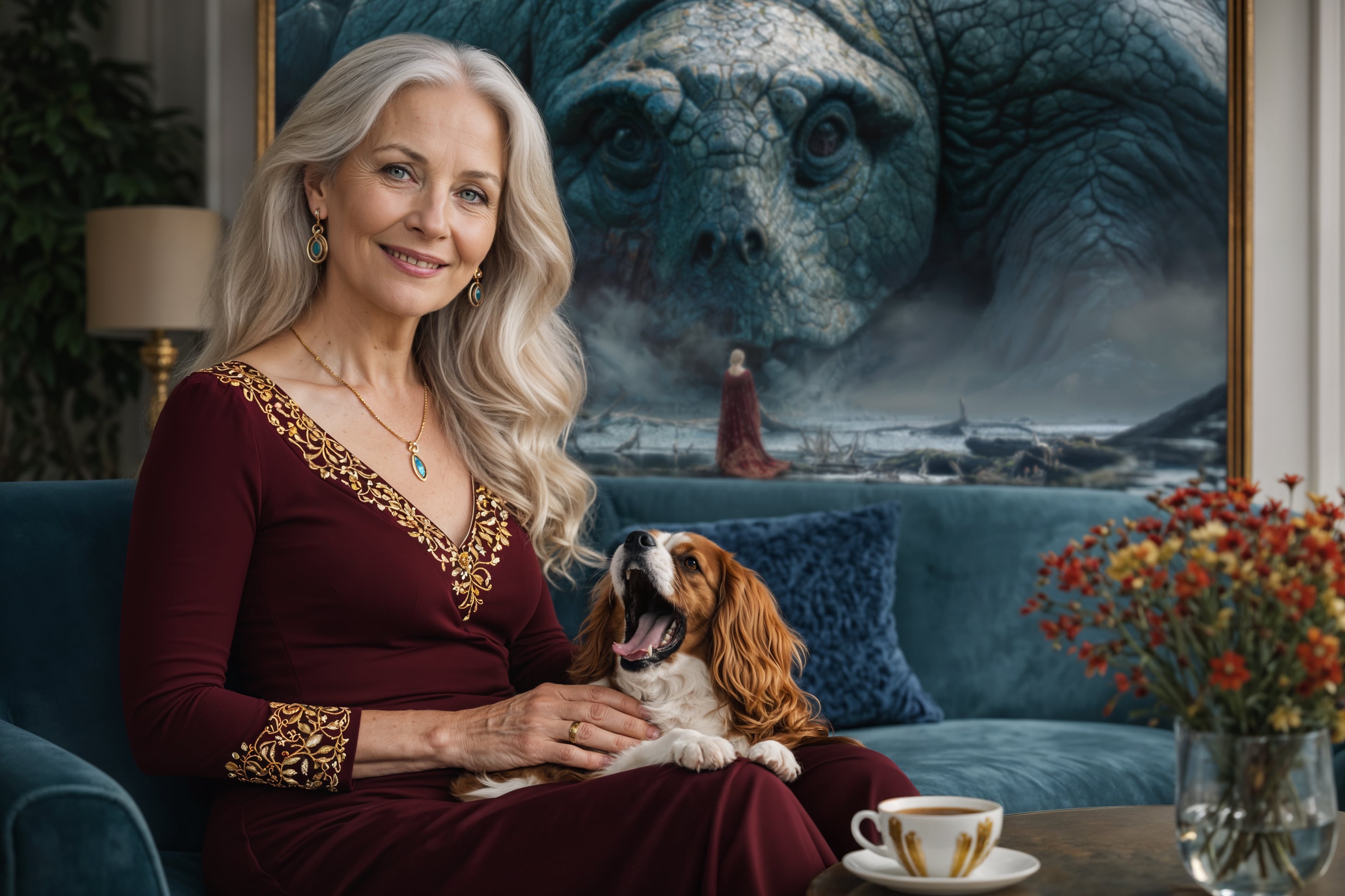 Woman in a burgundy dress holding a dog in a living room with artwork Burden of Sorrow in the background.