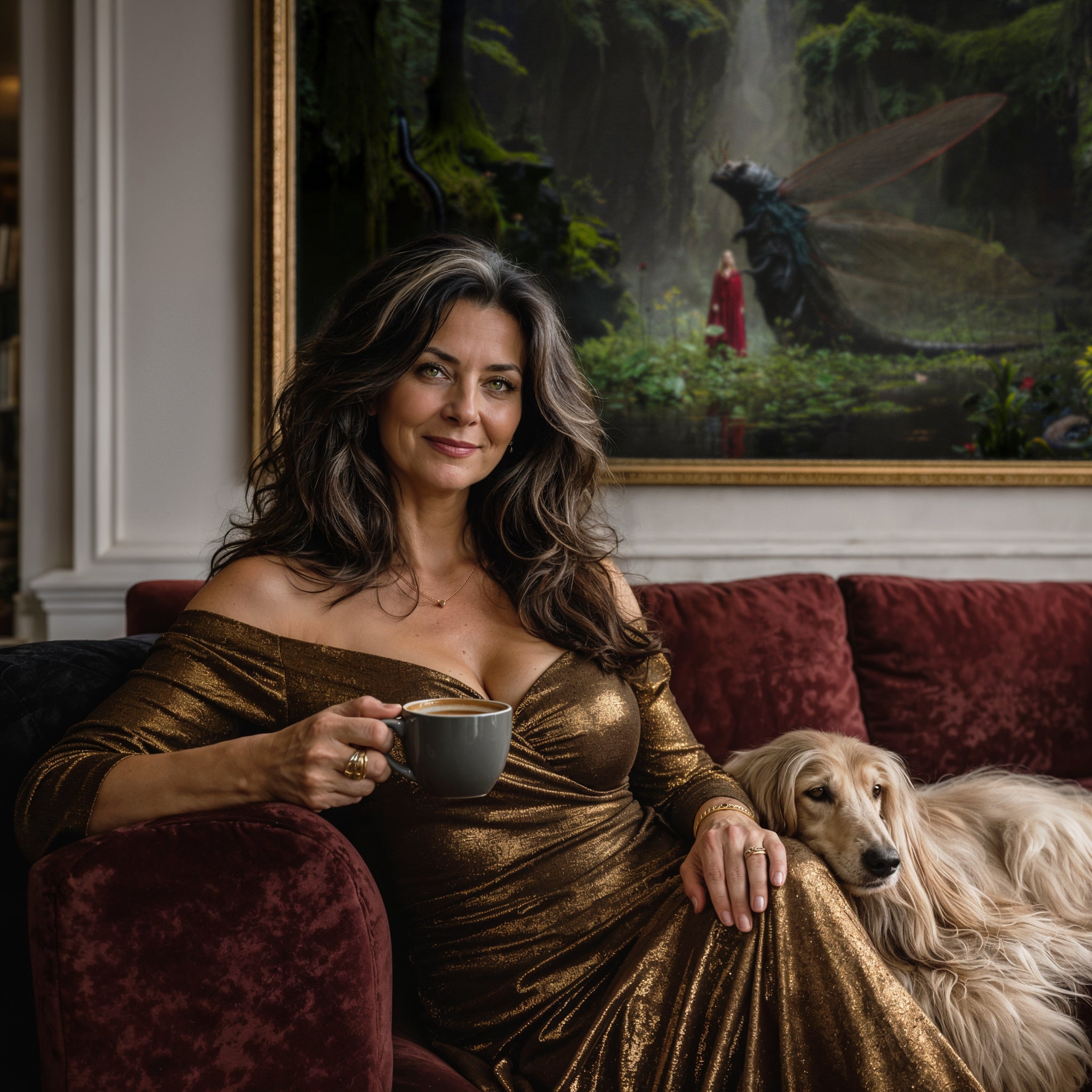 Woman in a gold dress holding a cup of coffee, behind her the Cave of Suffocating Sadness.