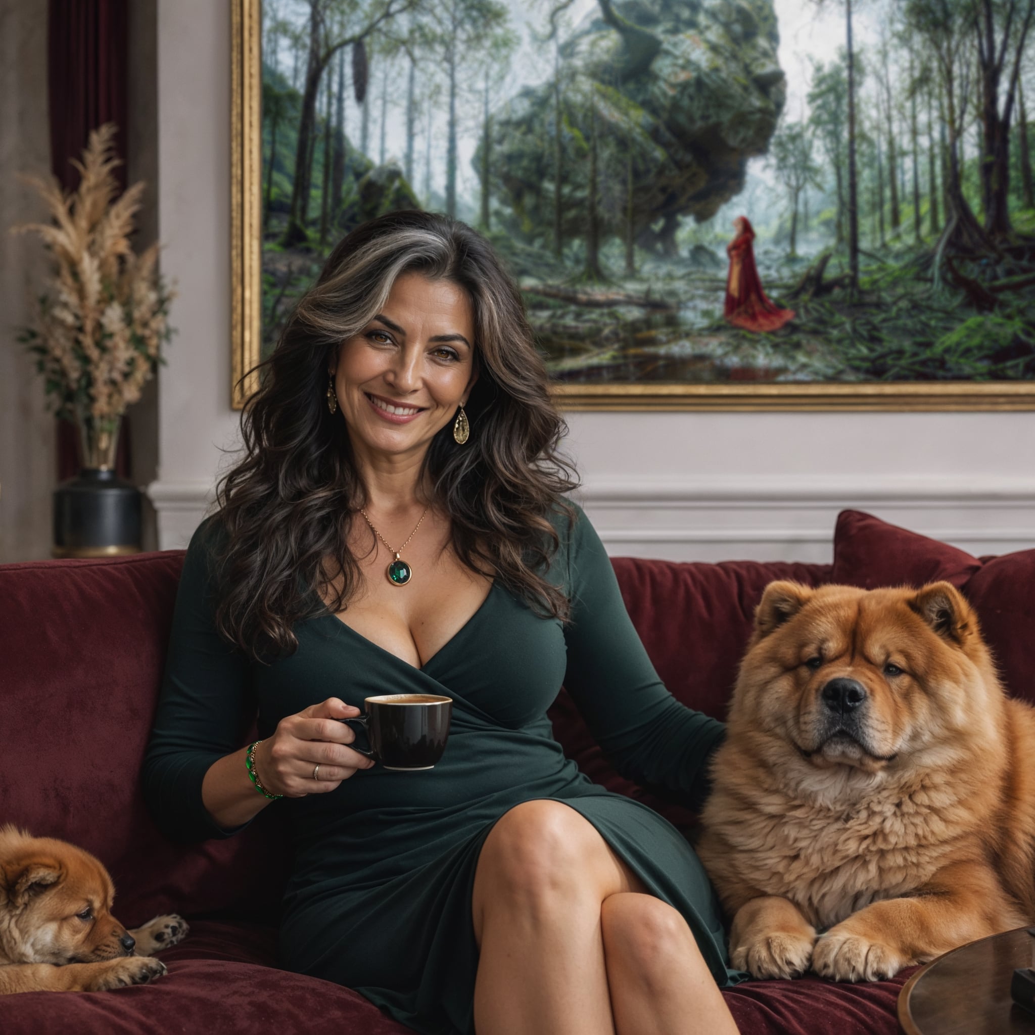 Woman in a green dress sitting on a red couch with two dogs, holding a mug, in a room with Depths of Despair.