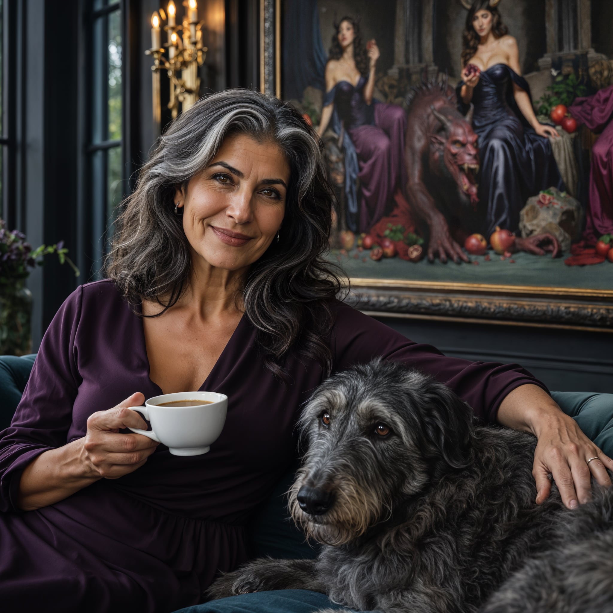 Woman in a dark purple dress holding a cup, sitting on a couch with a large dog, in a room with Descent into Oblivion  in the background.