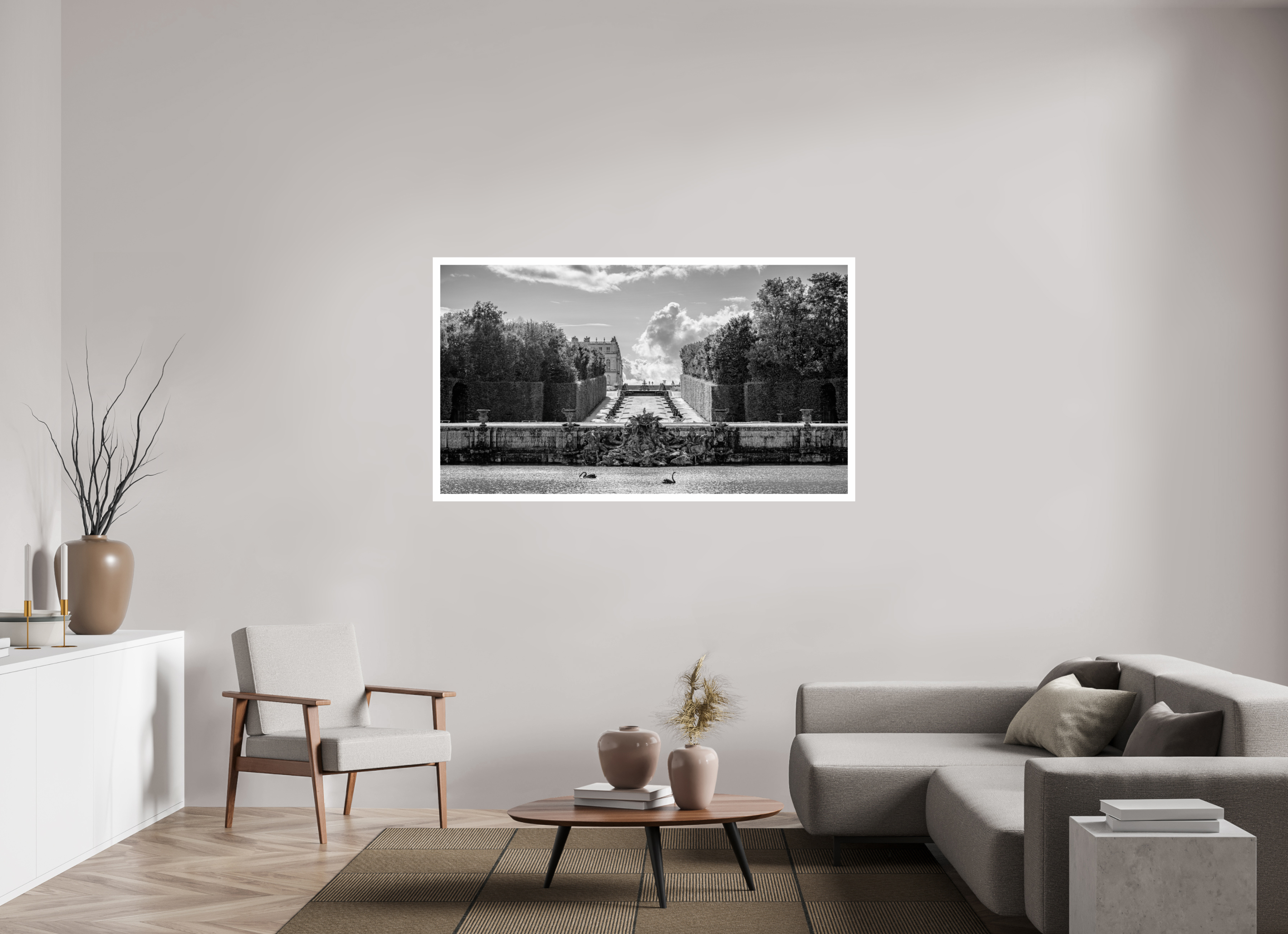 64 x 36″, Fujiflex High Gloss – 1.2” White Border Le Bassin de Neptune Monochrome | 2024