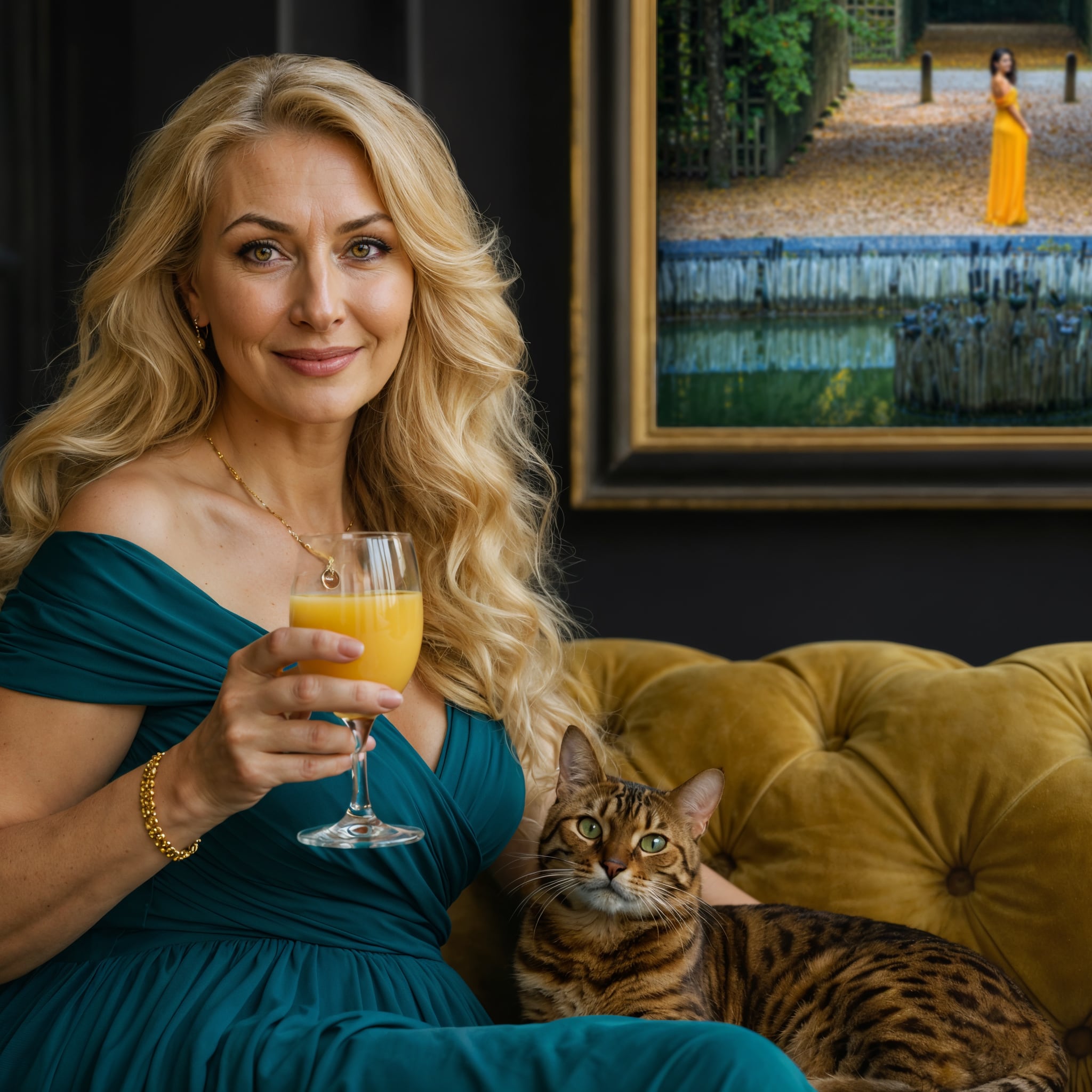 Woman in teal dress holding a glass of orange juice with a cat on her lap, in a room featuring Girandole Grove