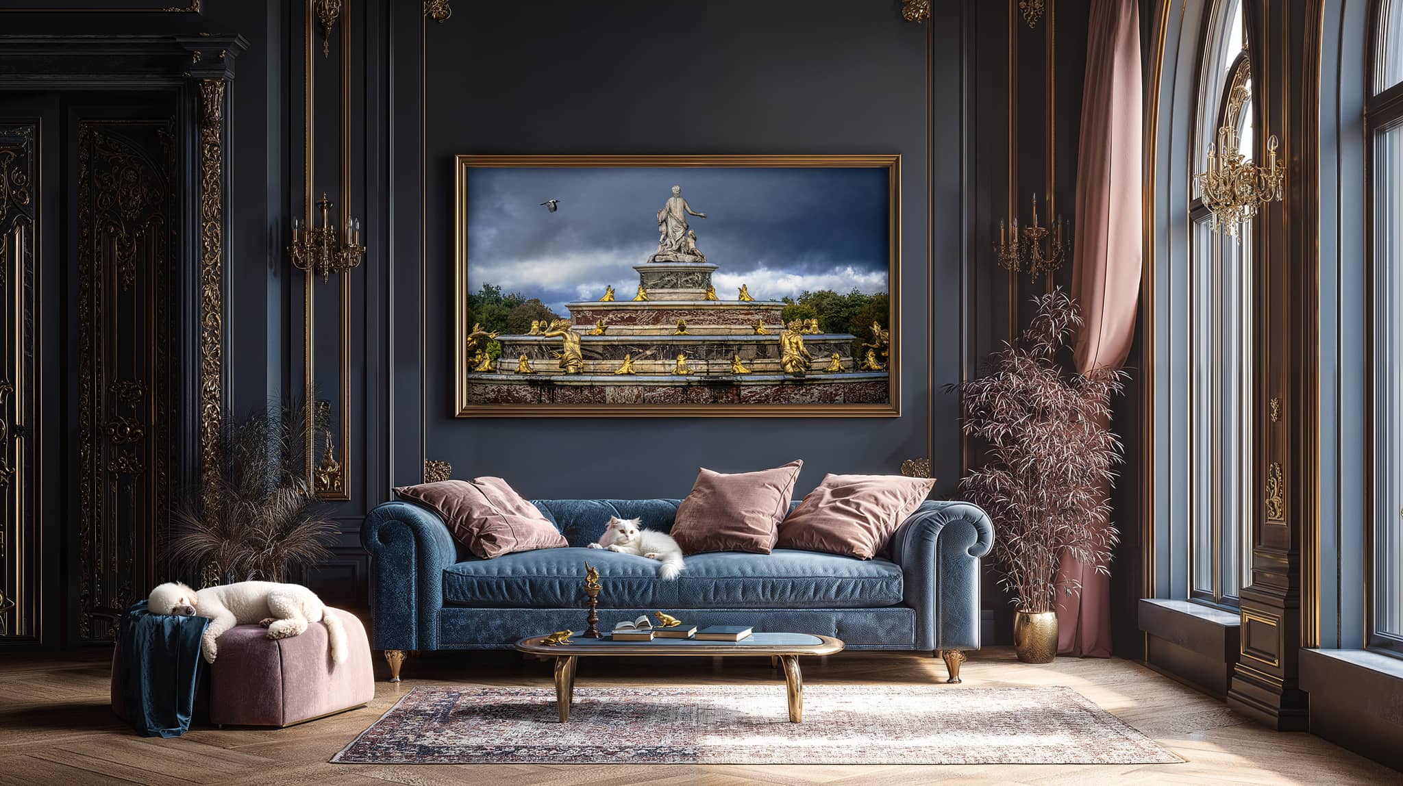 Luxurious living room with a blue sofa, decorative pillows, and a large photograph of Latona's Fountain at Versailles on the wall.
