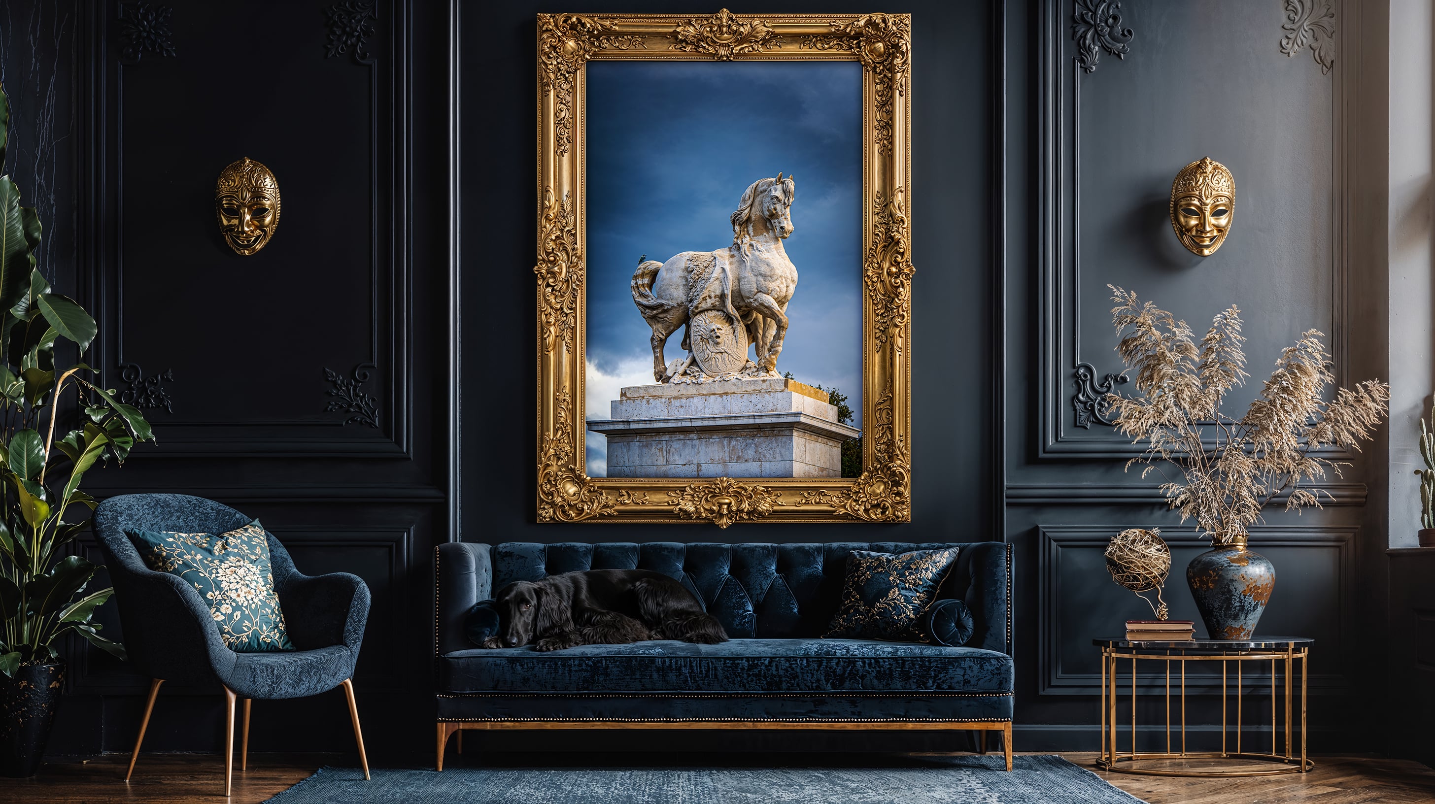 Luxurious Parlour room with dark walls, a blue sofa, and a large framed picture Le Cavalier Gaulois | 2024
