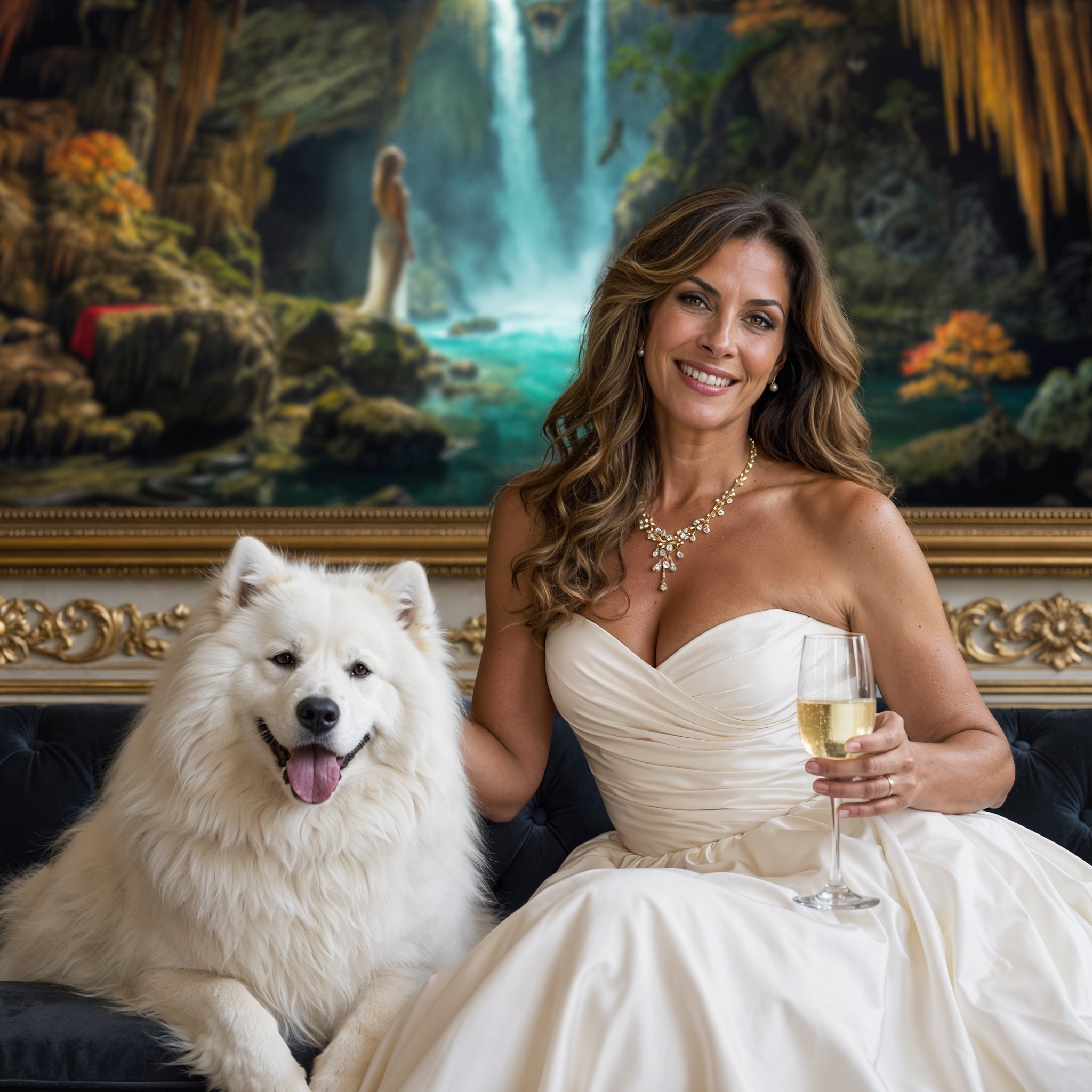 Woman in a white dress holding a glass of champagne with a white dog, sitting in front of Leviathan of Letting Go.