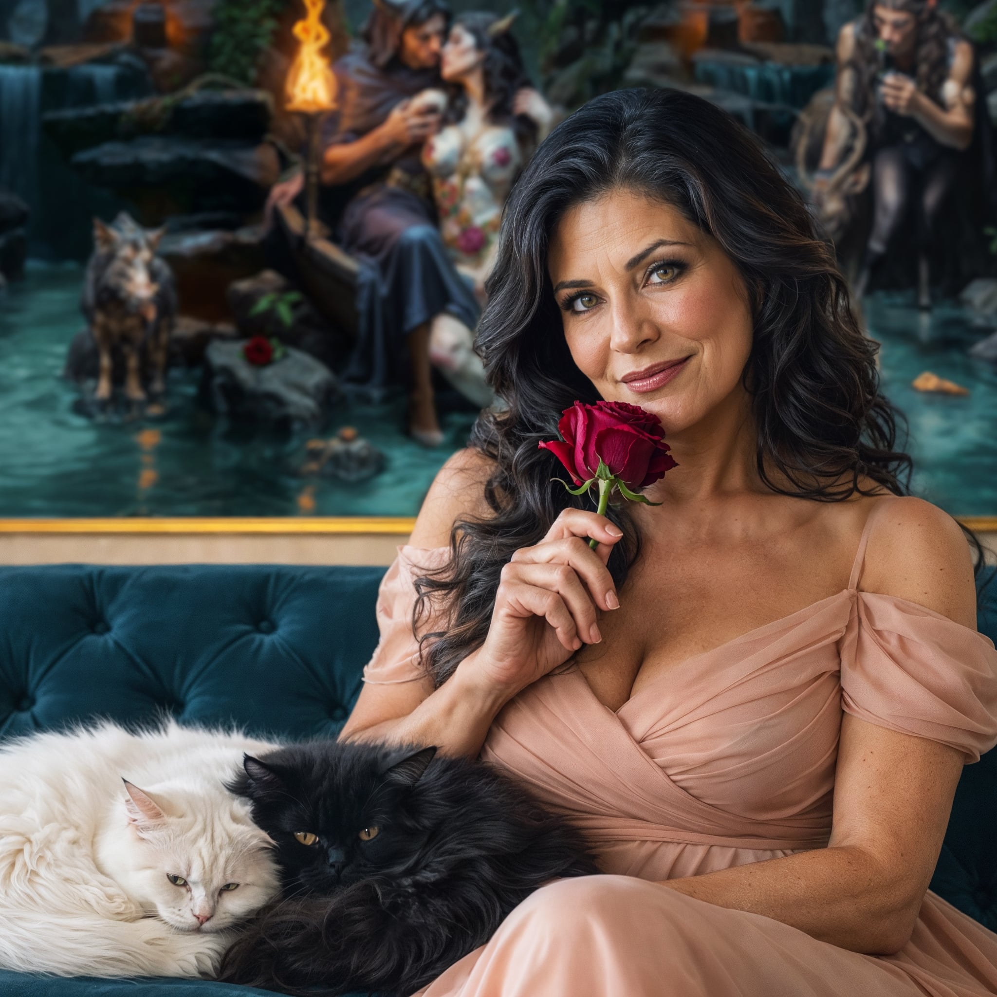 Woman in a pink dress holding a red rose with two cats on a blue couch, behind her Love's Last Kiss.