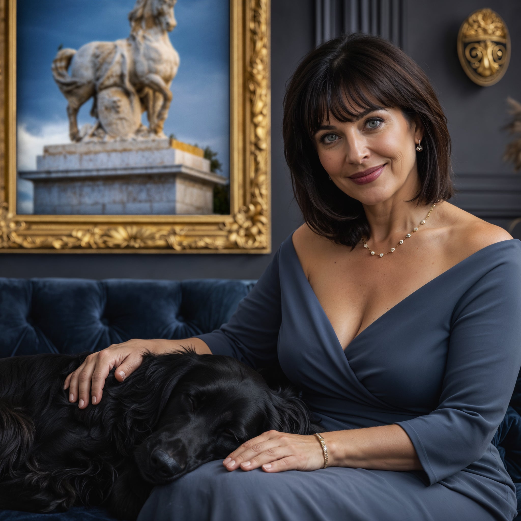 Woman in a blue dress sitting on a couch with a black dog, in front of a framed picture of Marly Horses in color.