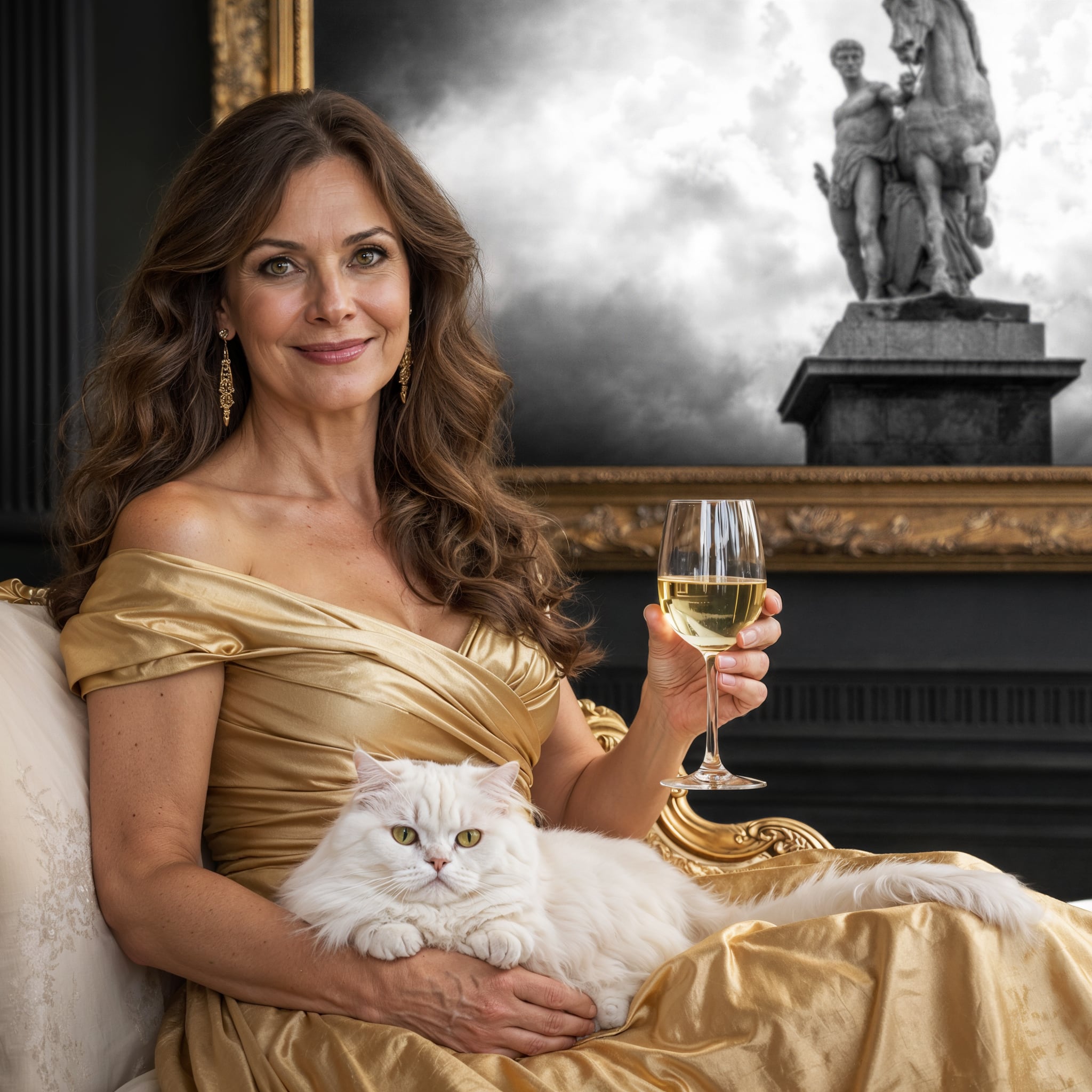 Woman in a gold dress holding a glass of wine in a gallery setting featuring Marly Horses Monochrome.