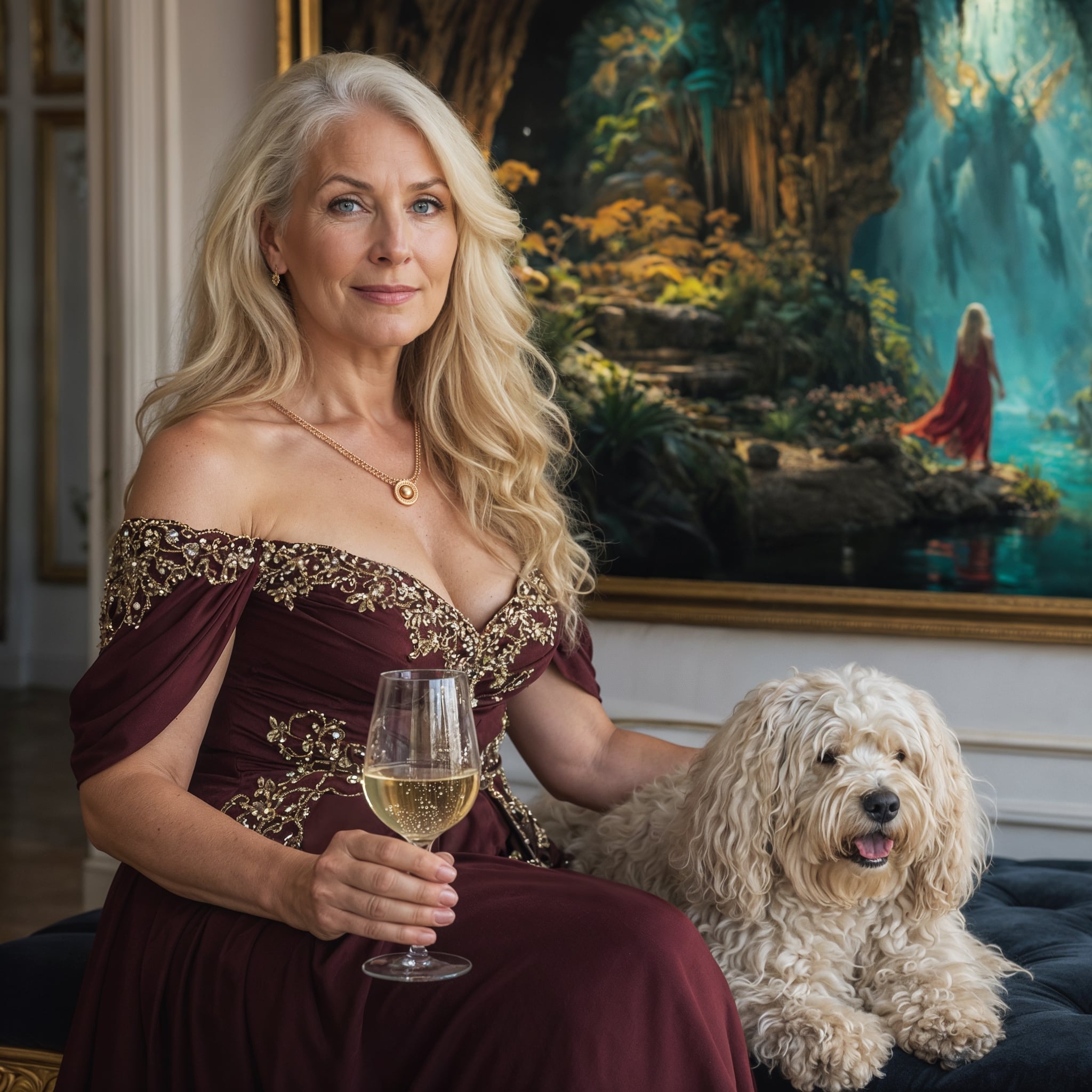 Woman in an elegant dress holding a glass of wine with a dog in a gallery featuring Passage of Lost Tomorrow's.