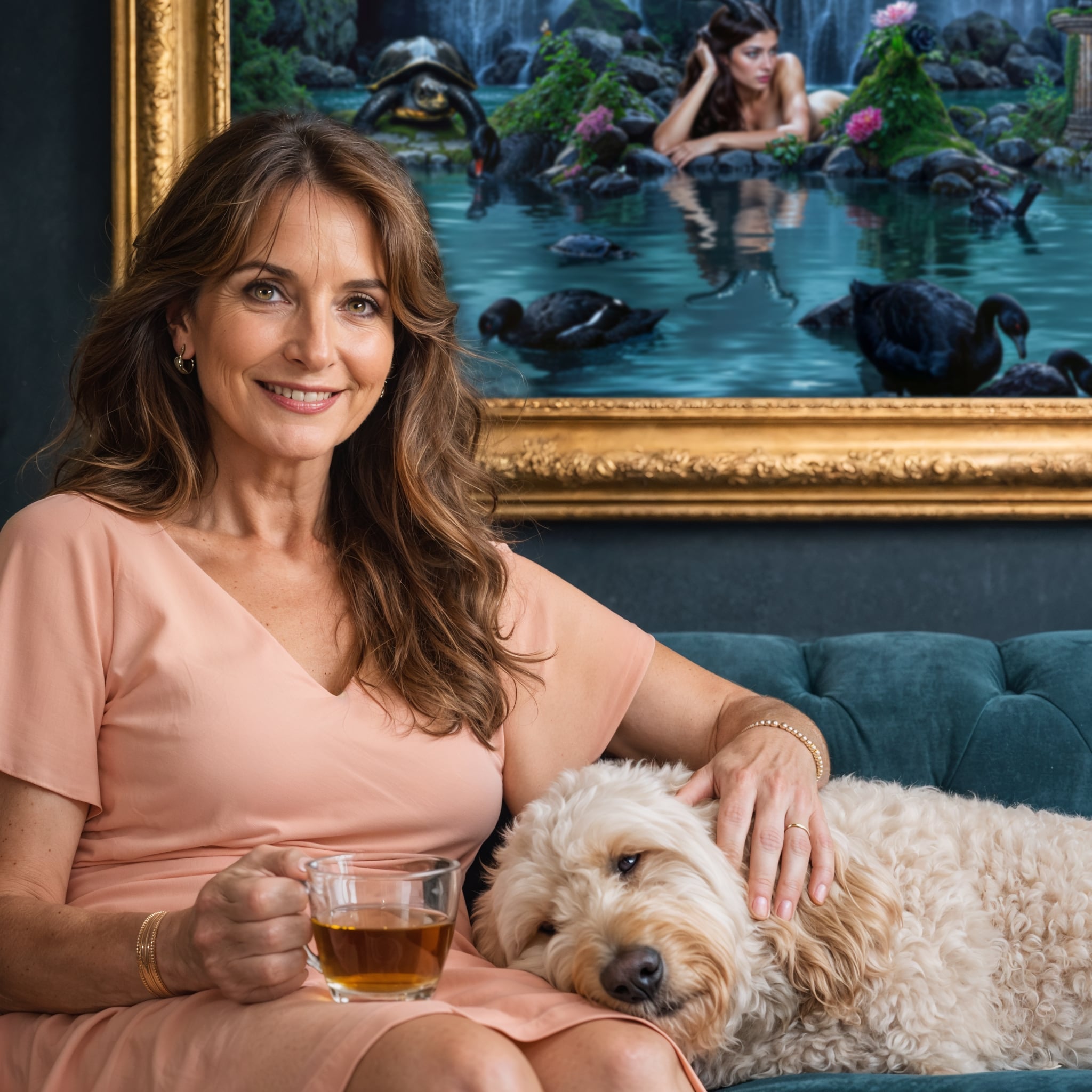 Woman sitting on a couch with a dog, holding a cup of tea, in front of a Reflection Pools of Necromanteion.