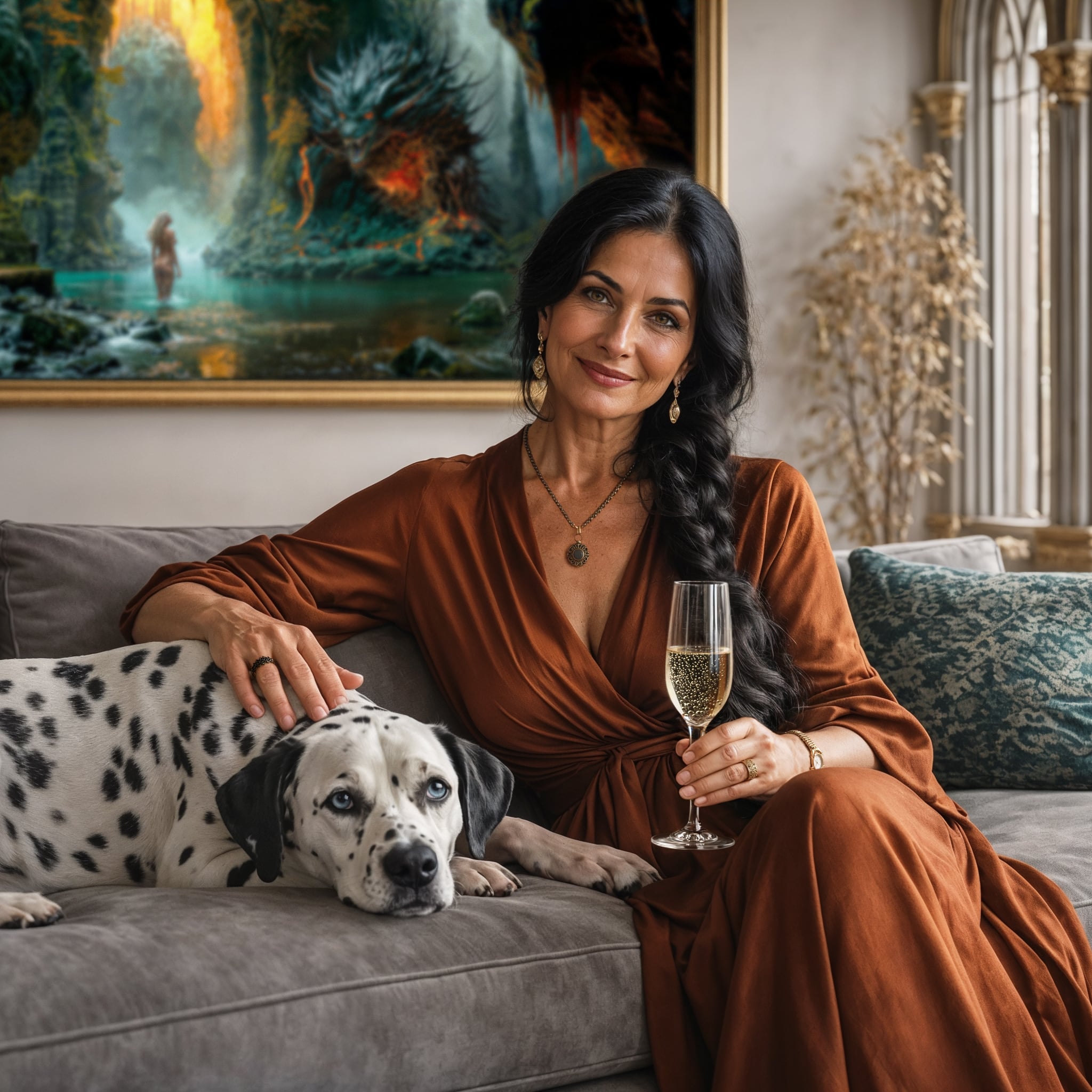 Woman in a brown dress sitting on a couch with a dog, holding a glass of champagne, with Ruins of Remorse on the wall behind her. 