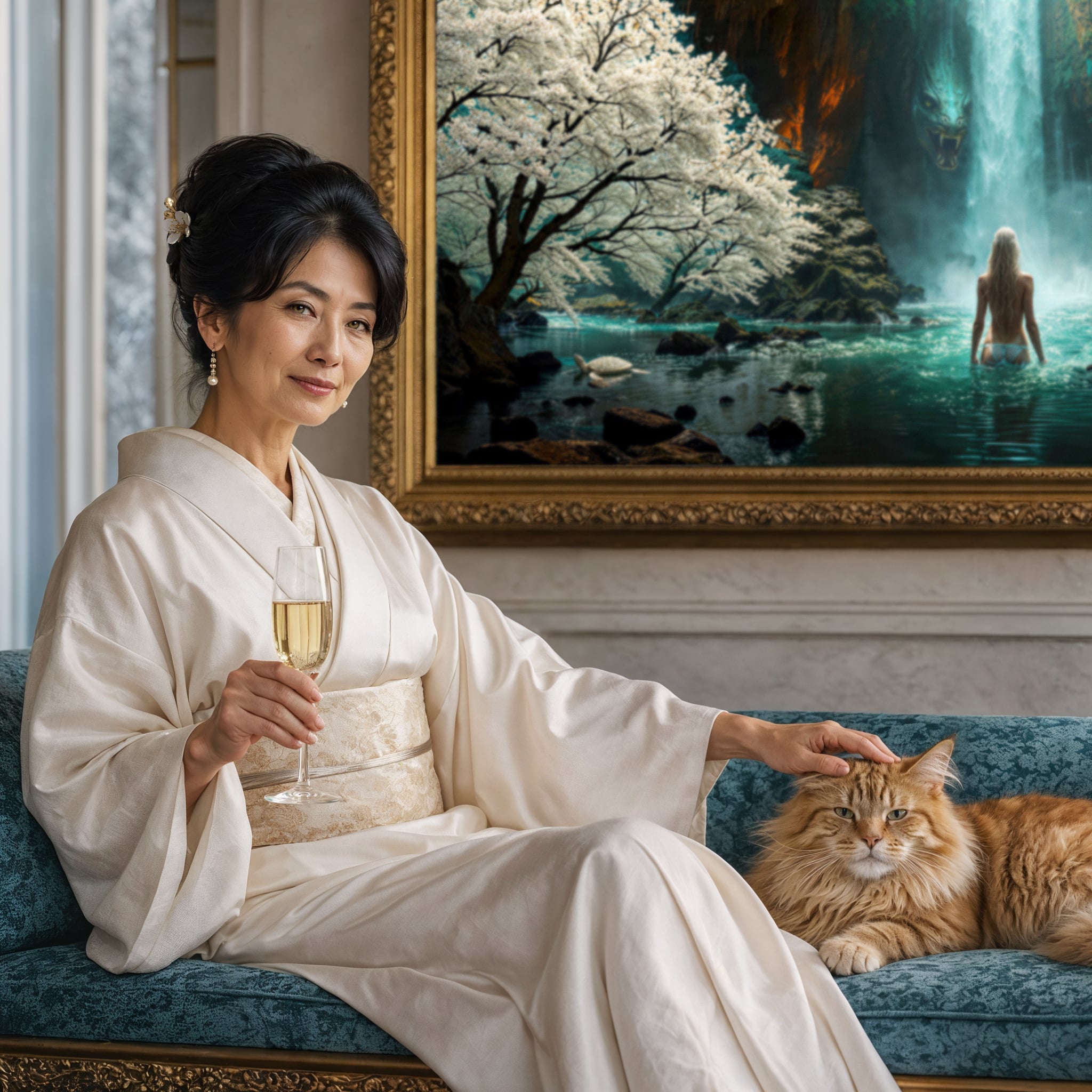 Woman in a white holding a glass of wine, sitting on a sofa with a cat, in a room featuring Serenity in the Ephemera. 