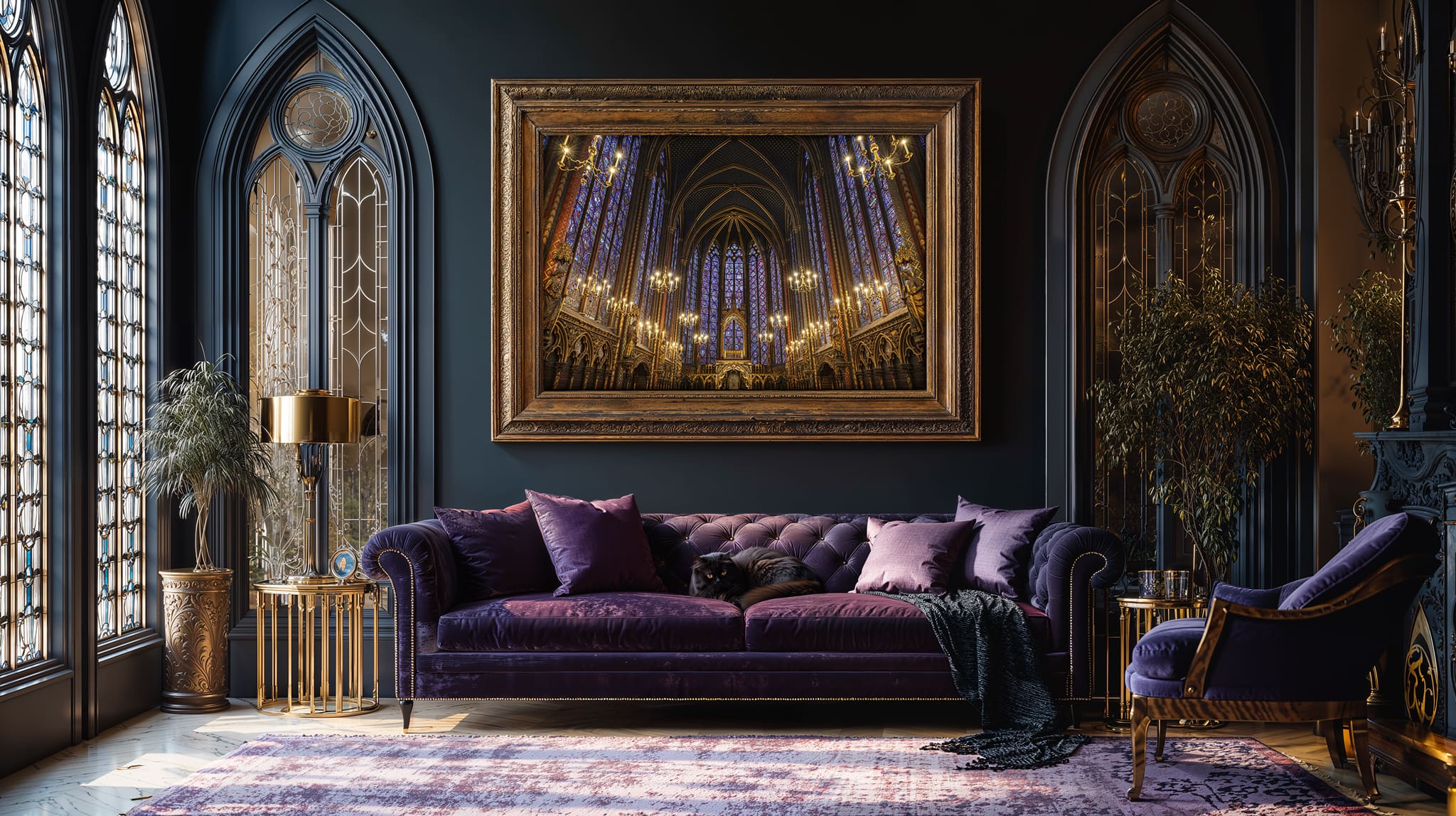 Luxurious room with a purple sofa, large ornate picture of the stained glass windows of Sainte-Chapelle.