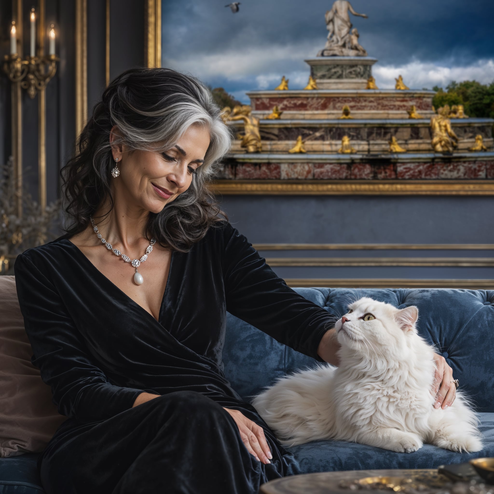 Woman in a black dress sitting on a blue couch with a white cat, in a luxurious room with statues and chandelier featuring Storm Clouds at Latona's Fountain | 2024