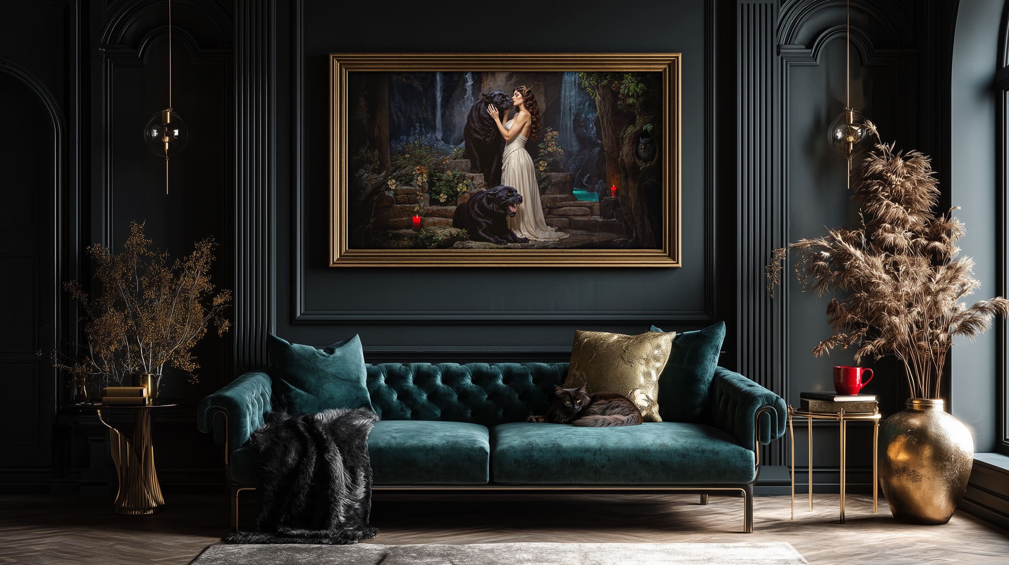 Luxurious living room with a teal sofa, framed artwork of Surrender of the Night, decorative room elements.