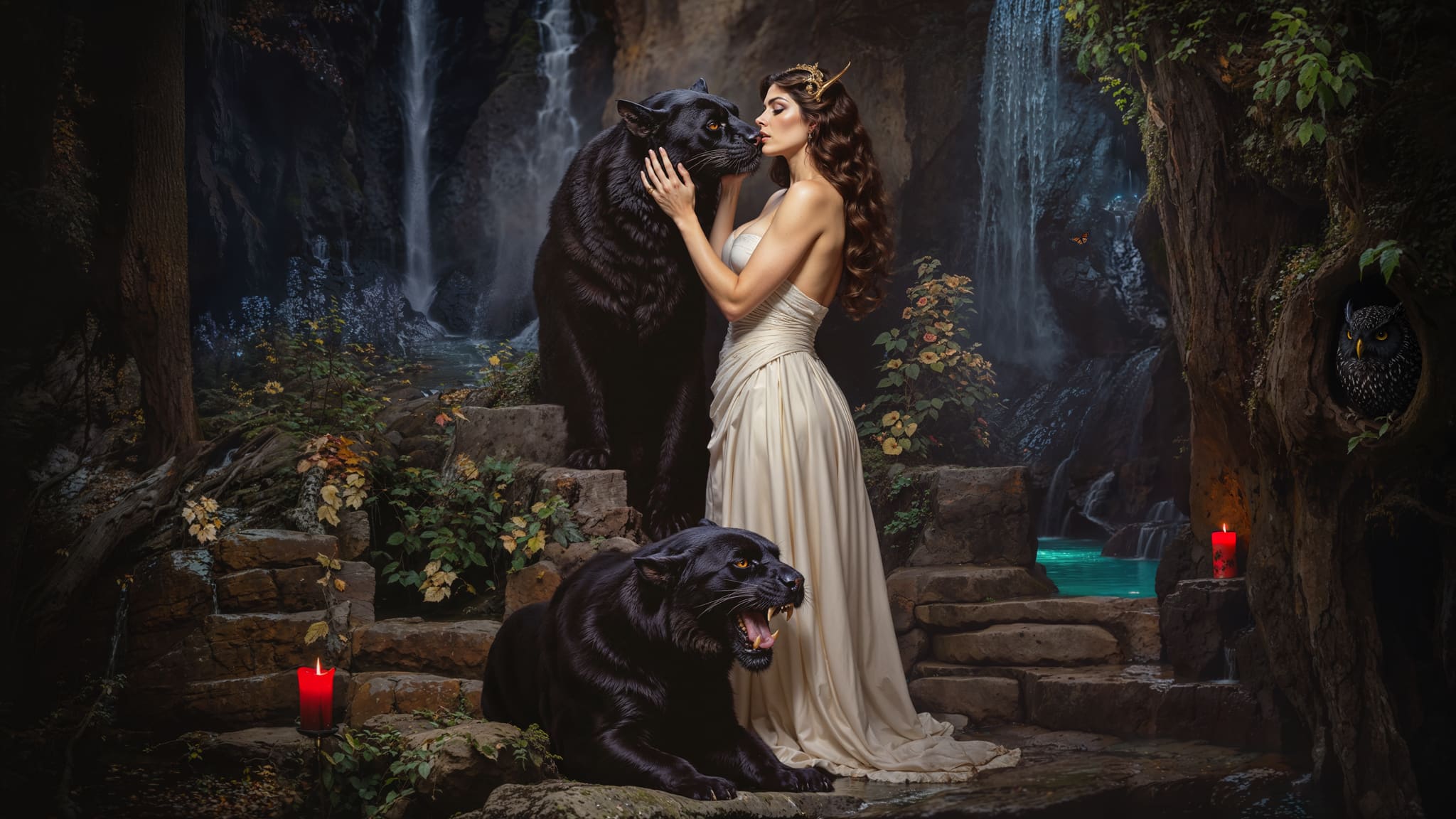 Persephone in a white dress standing with two black panthers in a mystical forest setting.