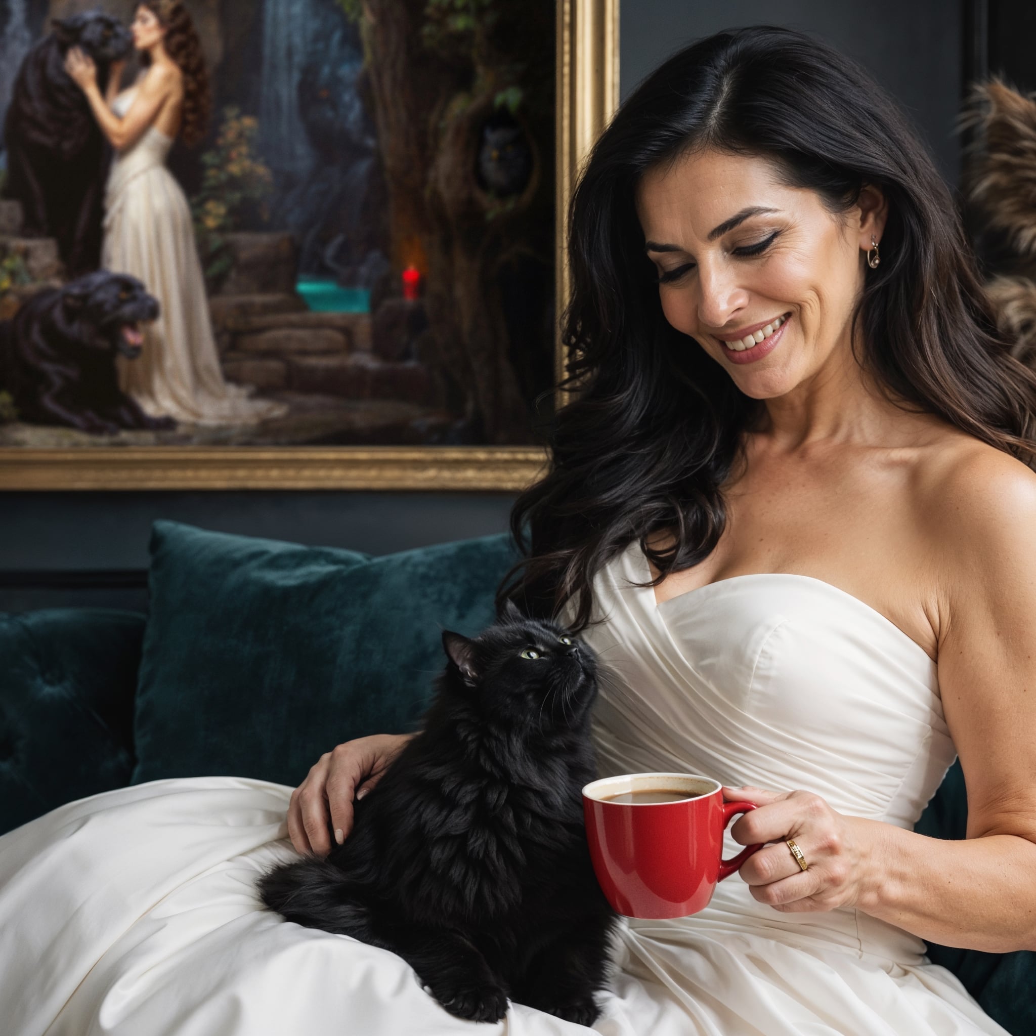 Woman in a white dress holding a red mug and a black cat, with Surrender of the Night in the background.