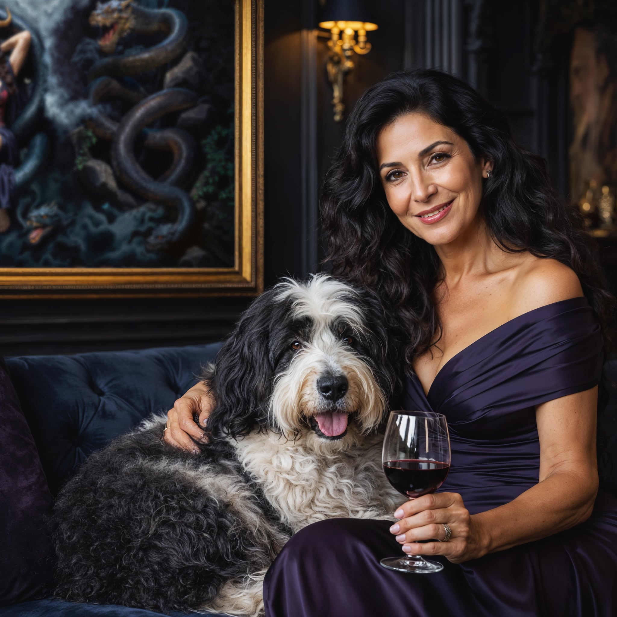 Woman in a dark purple dress holding a glass of red wine, sitting on a couch with a dog. Behind her Visions of Gaia hags on the wall.